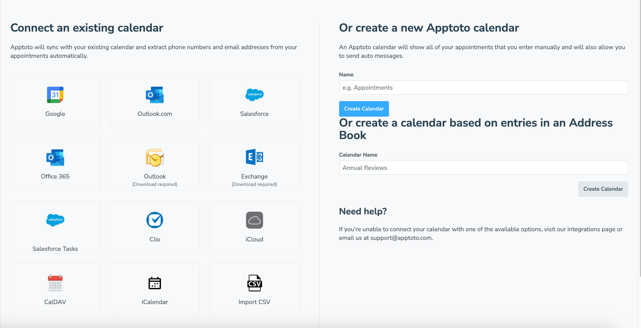 Apptoto interface displaying how to connect an existing calendar or create a new calendar